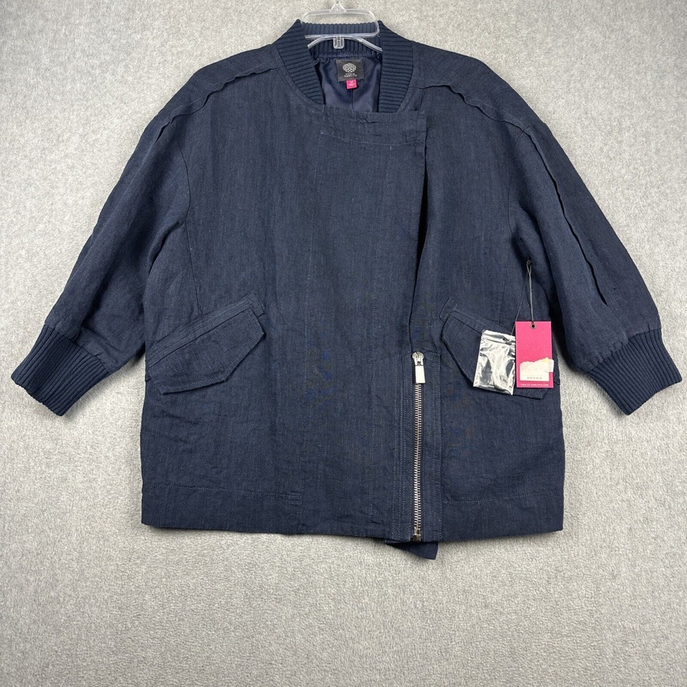 Vince Camuto Jacket Womens M Blue 100% Linen‎ Asymmetrical 3/4 Sleeve NWT $189